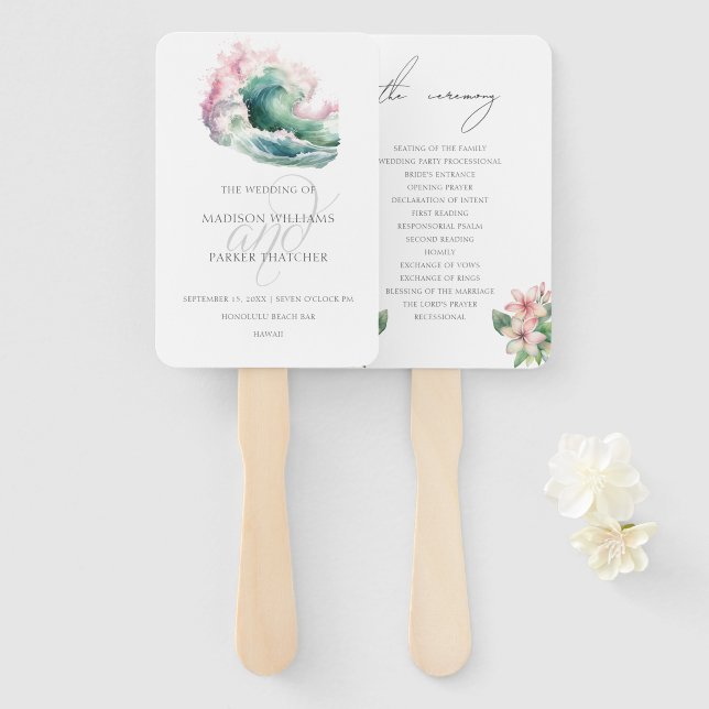 Elegant Beach Tropical Wedding Program Hand Fan (Front and Back)