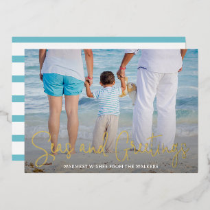 Elegant Beach Vacation Photo Christmas Gold Foil Holiday Card