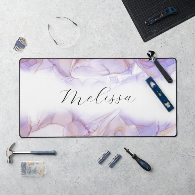 Elegant beach waves alcohol ink monogram desk mat (Workstation)