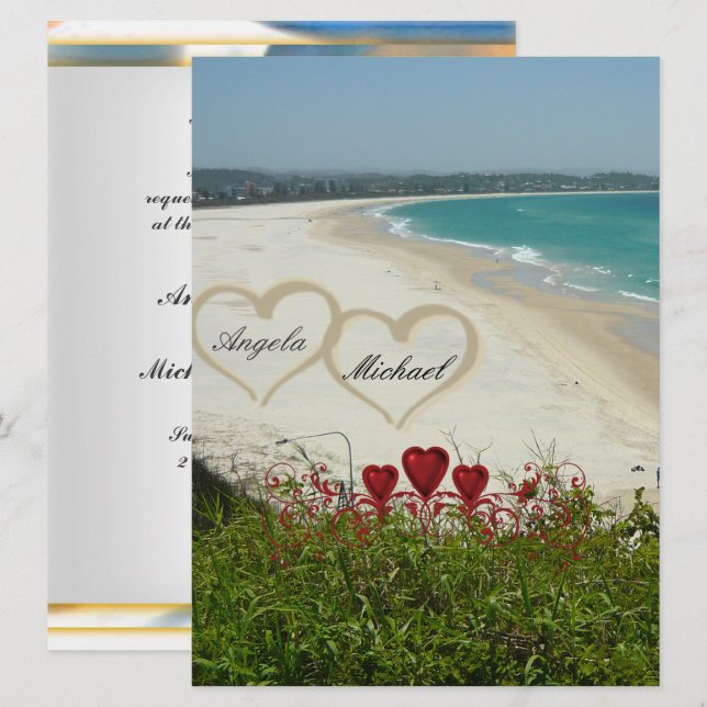 Elegant Beach Wedding Invitation Red Hearts (Front/Back)