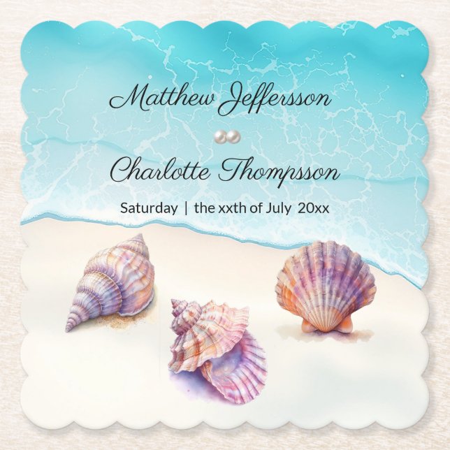 Elegant Beach Wedding  Seashells Pearls Nautical  Paper Coaster (Front)