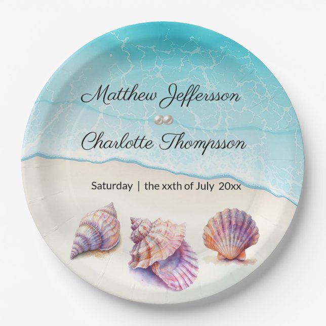Elegant Beach Wedding  Seashells Pearls Nautical  Paper Plate (Front)