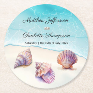 Elegant Beach Wedding Seashells Pearls Nautical Round Paper Coaster