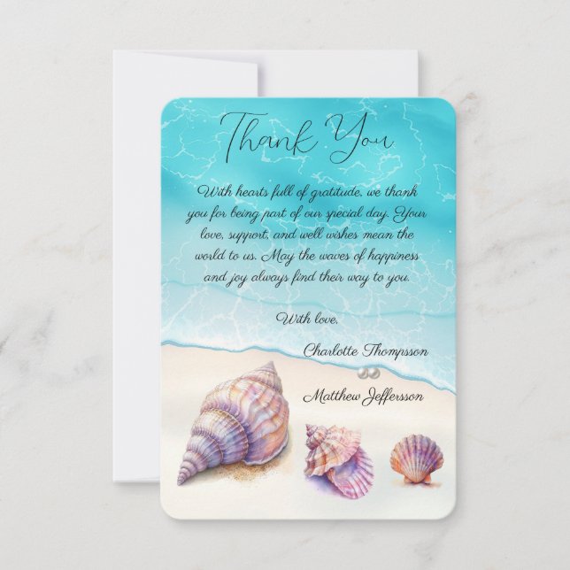 Elegant Beach Wedding  Seashells Pearls Nautical  Thank You Card (Front)