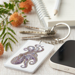 Elegant Beaded Octopus Art Illustration Key Ring