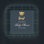 Elegant Bear Navy Blue Baby Shower Paper Plate<br><div class="desc">Serve in style with our Bear Baby Shower Paper Plates, thoughtfully designed to add a touch of timeless charm to your celebration. Featuring a watercolor illustration of an adorable teddy bear in an elegant navy blue outfit, these plates blend classic preppy style with whimsical sweetness. The deep blue and green...</div>