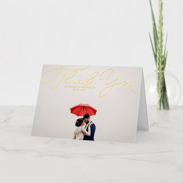 Elegant Beatrice Script Photo Wedding Thank You Foil Greeting Card (Front)