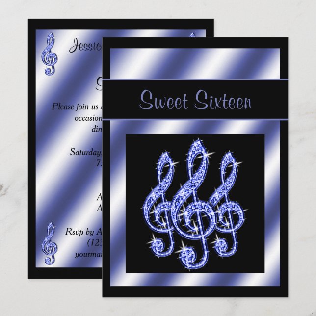 Elegant, Beautiful Blue Treble Clefs Sweet 16 Invitation (Front/Back)