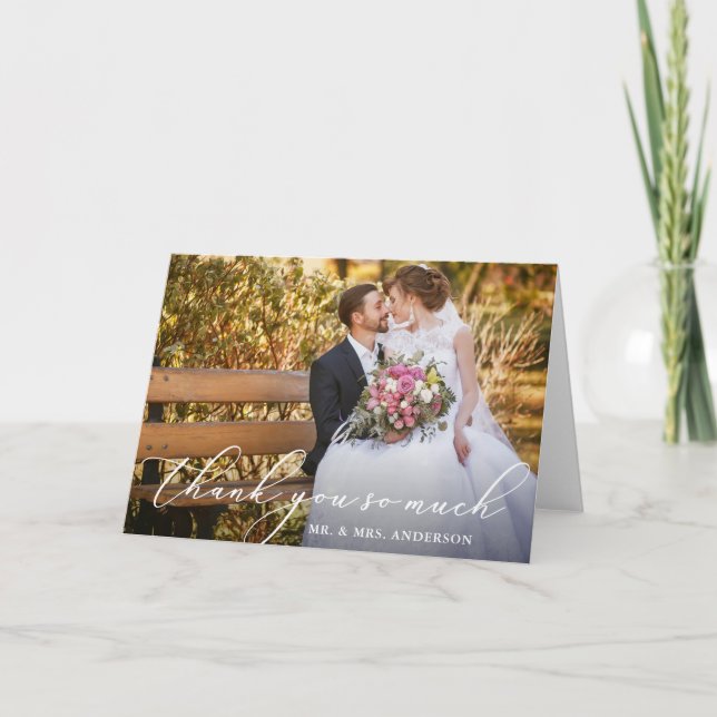 Elegant Beautiful Calligraphy Photo Wedding Fold Thank You Card (Front)