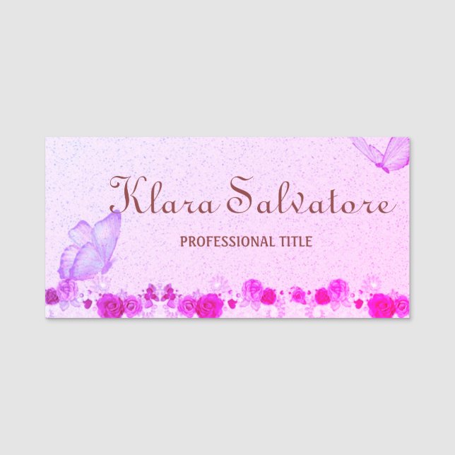 Elegant Beautiful  PUrple Roses With Butterfly  Name Tag (Front)