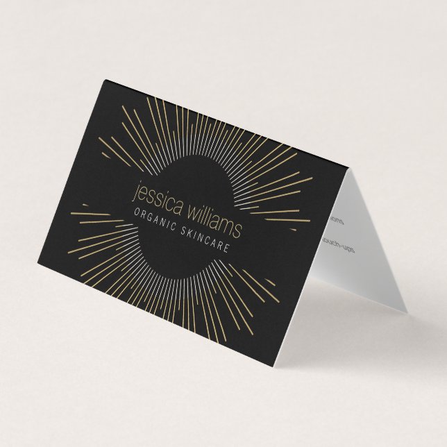 Elegant Beauty Gold Sunburst Black Folded Business Card (Front)