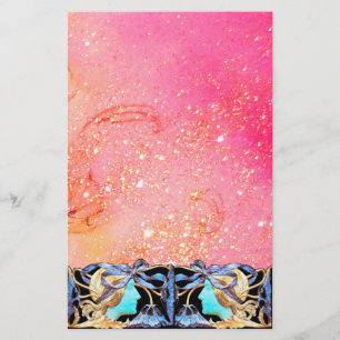 ELEGANT BEAUTY/LADY WITH BLUE BOW,FLOWERS IN PINK STATIONERY