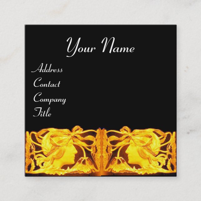 ELEGANT BEAUTY /LADY WITH GOLD YELLOW BOW,FLOWERS SQUARE BUSINESS CARD (Front)