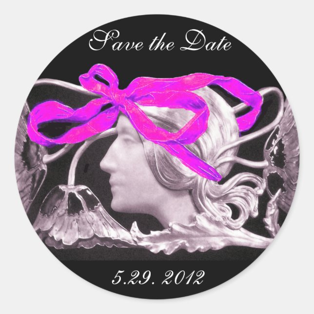 ELEGANT BEAUTY / LADY WITH PINK BOW AND FLOWERS CLASSIC ROUND STICKER (Front)