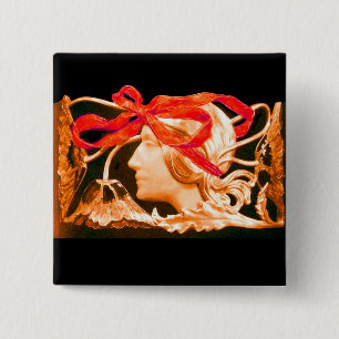 ELEGANT BEAUTY / LADY WITH RED BOW AND FLOWERS 15 CM SQUARE BADGE