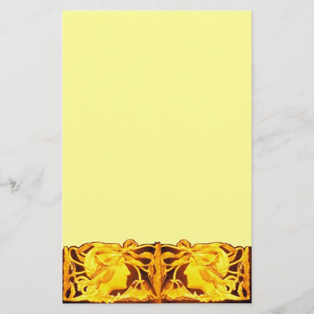 ELEGANT BEAUTY / LADY WITH YELLOW  BOW AND FLOWERS STATIONERY (Front)