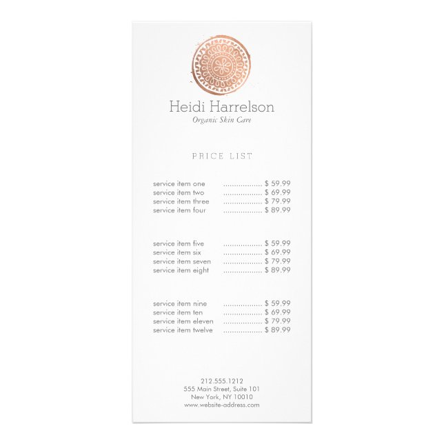Elegant Beauty Mandala Logo Rose Gold Rack Card (Front)