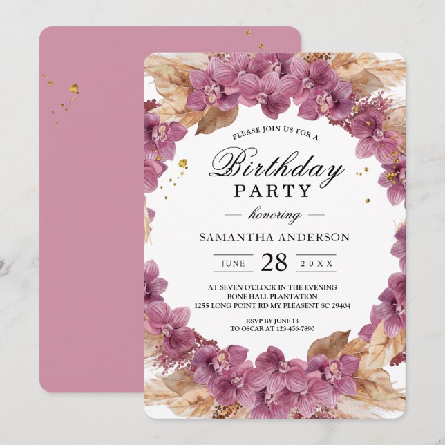 Elegant Beauty Pink Watercolor Orchid & Pampas Invitation (Front/Back)