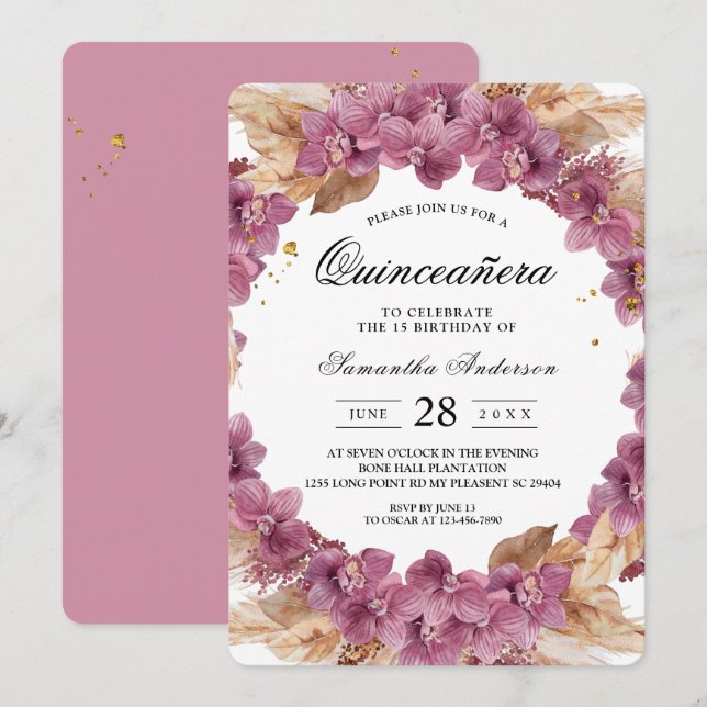 Elegant Beauty Pink Watercolor Orchid & Pampas Invitation (Front/Back)