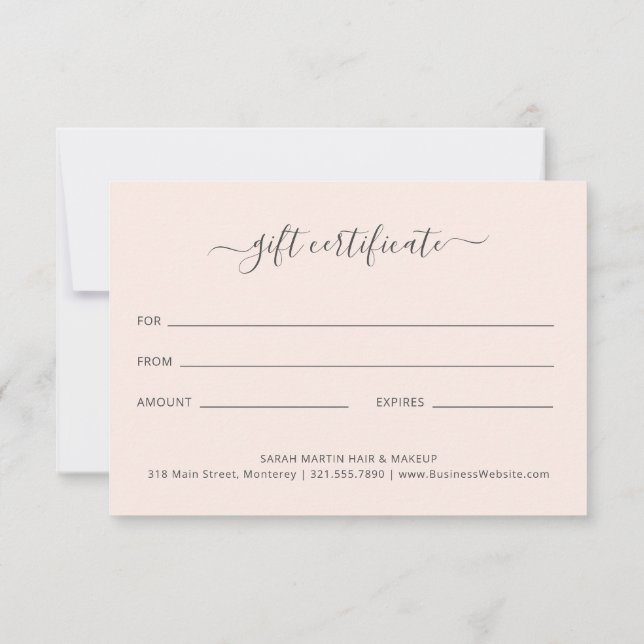 Elegant Beauty Salon Blush Pink Gift Certificate (Back)