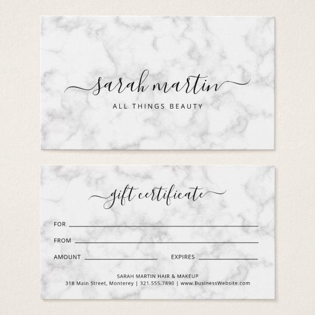 Elegant Beauty Salon Marble Gift Certificate (Front & Back)