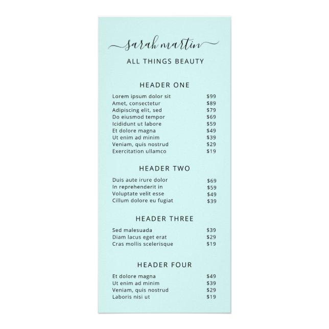 Elegant Beauty Salon Price List Turquoise Rack Card (Front)