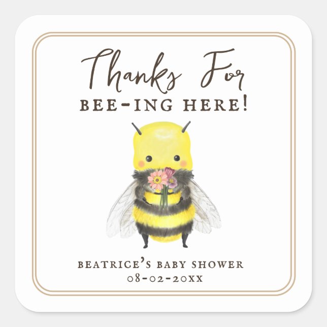 Elegant Bee and Flower Baby shower Favour Thank Yo Square Sticker (Front)