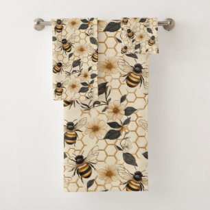 Elegant Bee and Honeycomb Pattern Bath Towel Set
