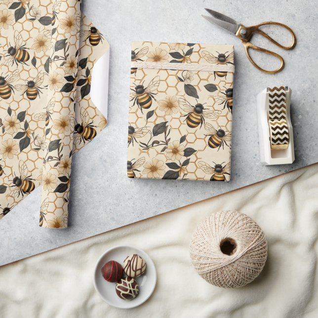 Elegant Bee and Honeycomb Pattern Wrapping Paper (Crafts)