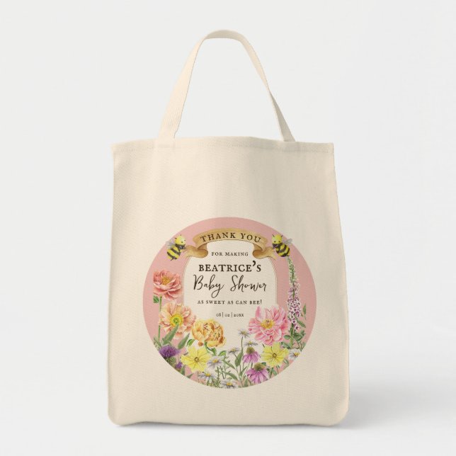 Elegant Bee and Wildflower Baby Shower Favours Tote Bag (Front)