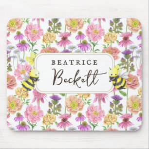 Elegant Bee and Wildflower Watercolor Pattern Mouse Mat