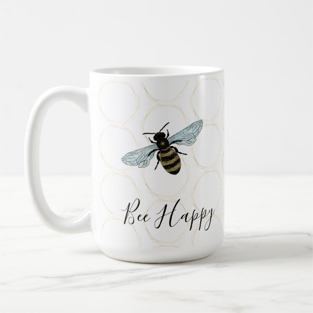 Elegant Bee Happy Gold Honeycomb Coffee Mug (Left)