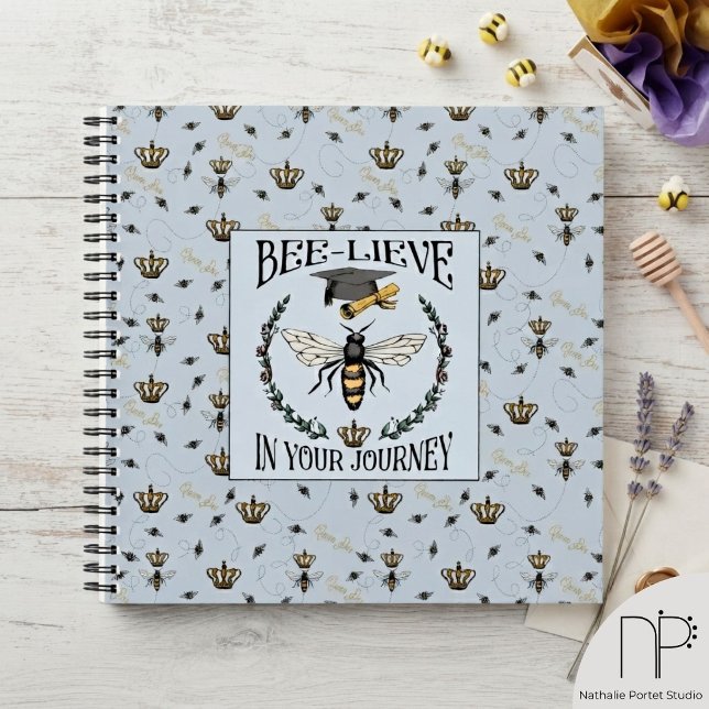 Elegant Bee-lieve in Your Journey Grad Keepsake Notebook (Hand-drawn vintage queen bee crown graduation cap light blue photo keepsake notebook graduation gift)
