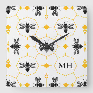 Elegant Bee Pattern Black Monogram Yellow Modern Square Wall Clock