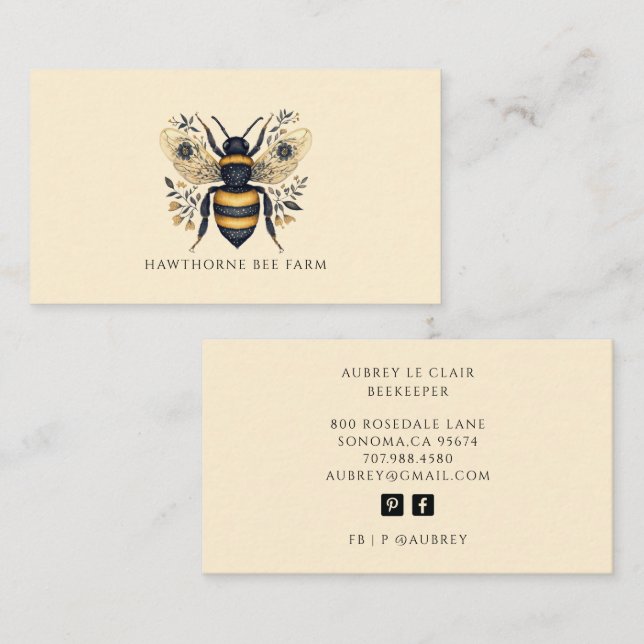 Elegant Beekeeper Apiary Botanical Bee Template Business Card (Front/Back)