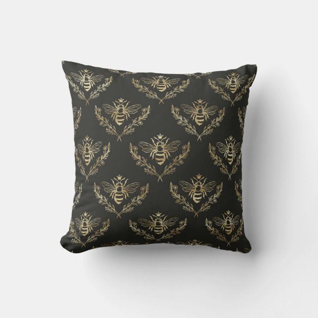Elegant Bees. Gold on Black. Cushion (Front)