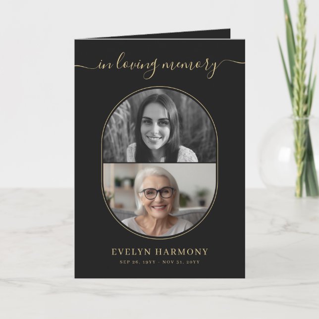 Elegant Before & After Photo Funeral Program Card (Front)