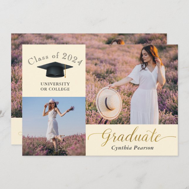 Elegant Beige 3 Photo Graduation Announcement (Front/Back)
