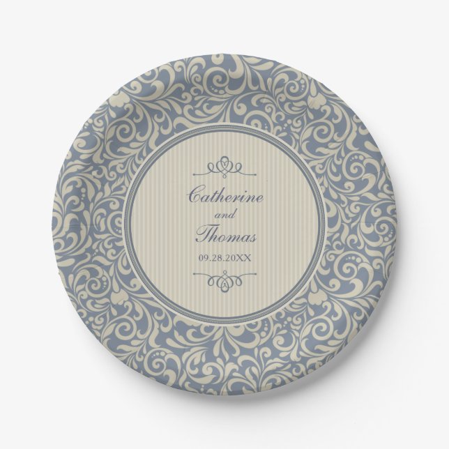 Elegant Beige and Blue Baroque Pattern Wedding Paper Plate (Front)