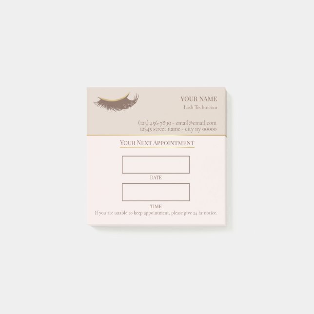 Elegant beige and gold Lash appointment Post-it Notes (Front)