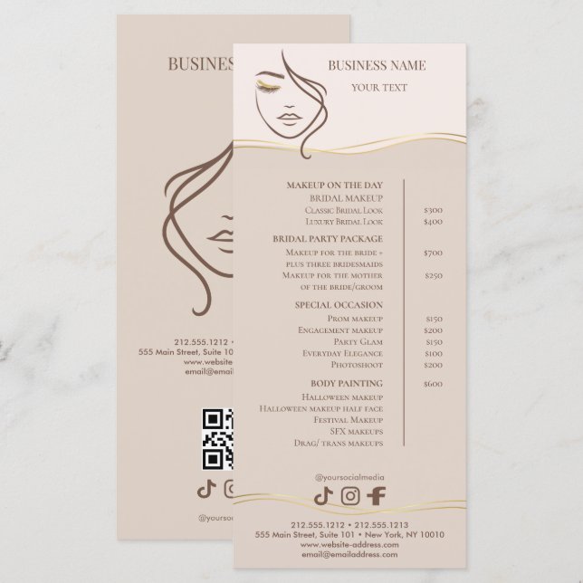 Elegant Beige and Gold Salon Price List Menu (Front/Back)