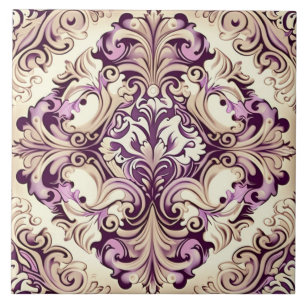 Elegant Beige and Pink Baroque Damask Ceramic Tile