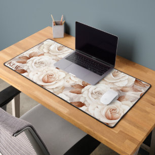 Elegant Beige and Rust Roses Monogram  Desk Mat