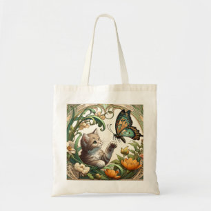 Elegant Beige Art Nouveau Kitten and Butterfly Tote Bag