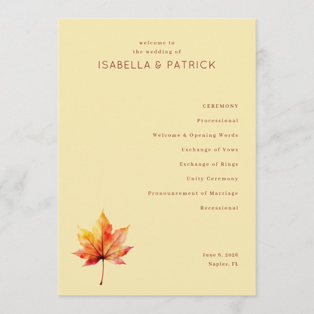 Elegant Beige Autumn Leaf Wedding Ceremony Programme (Front)