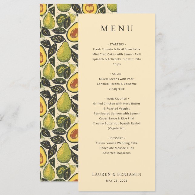 Elegant Beige Avocado Illustration Menu (Front/Back)