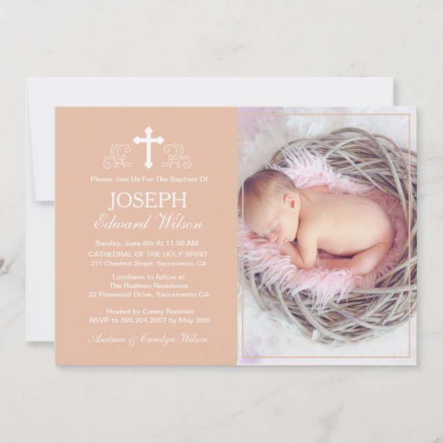 Elegant Beige Baptism Photo Invitation Card (Front)
