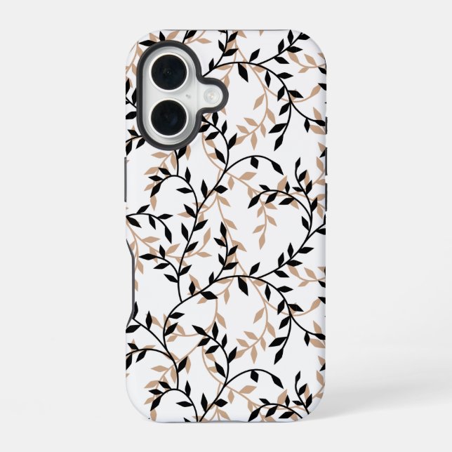 Elegant Beige Black Botanical Vine Pattern iPhone 16 Case (Back)