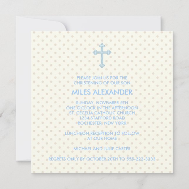 Elegant Beige Blue Cross Boys Christening Invitation (Front)