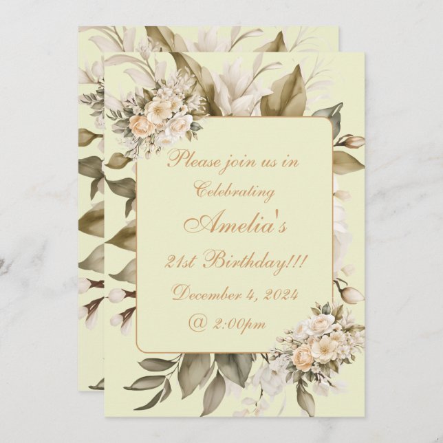 Elegant Beige Boho Floral Birthday Invitation (Front/Back)